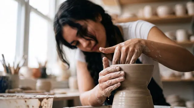 ceramics, pottery wheel, clay, woman, artist, artisan, handmade, studio, creativity, focus, hands, creating, shaping, wet, workshop, concentration, messy, skill, art. A photographer's list for avoiding retreat mistakes