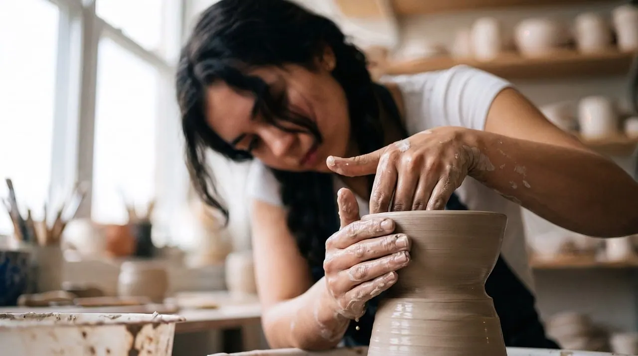 ceramics, pottery wheel, clay, woman, artist, artisan, handmade, studio, creativity, focus, hands, creating, shaping, wet, workshop, concentration, messy, skill, art