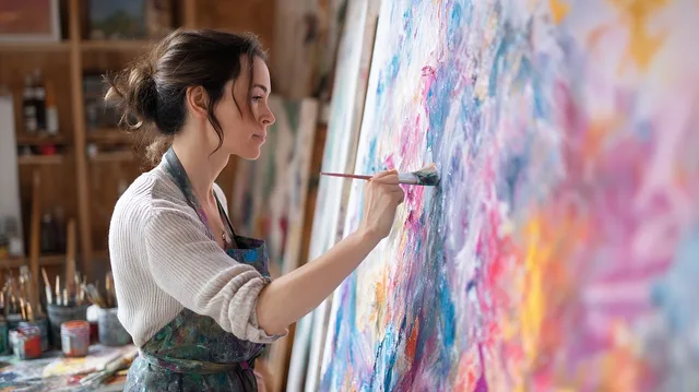woman, painting, canvas, art, artist, studio, bright, colorful, home, creative, hobby, paint, paintbrush, artwork, easel, indoor, female, acrylic, modern, workspace, expression. Second stops on a creative retreat: how to add one without losing the plot