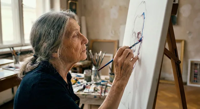 senior, woman, artist, painting, canvas, ass, studio, creativity, art, portrait, brush, ripe, gray hair, hobby, expression, talent, concentration, elderly, lifestyle, within, ai generated. Studio itinerary building tips for first studio visits