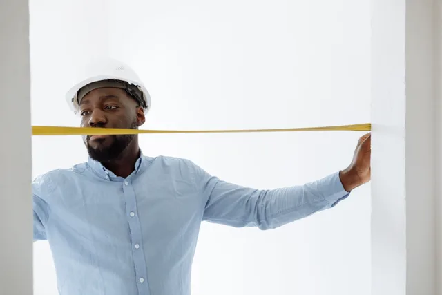 Portrait of a construction worker with a tape measure, working indoors. Packing for a site visit to a retreat center operator's property