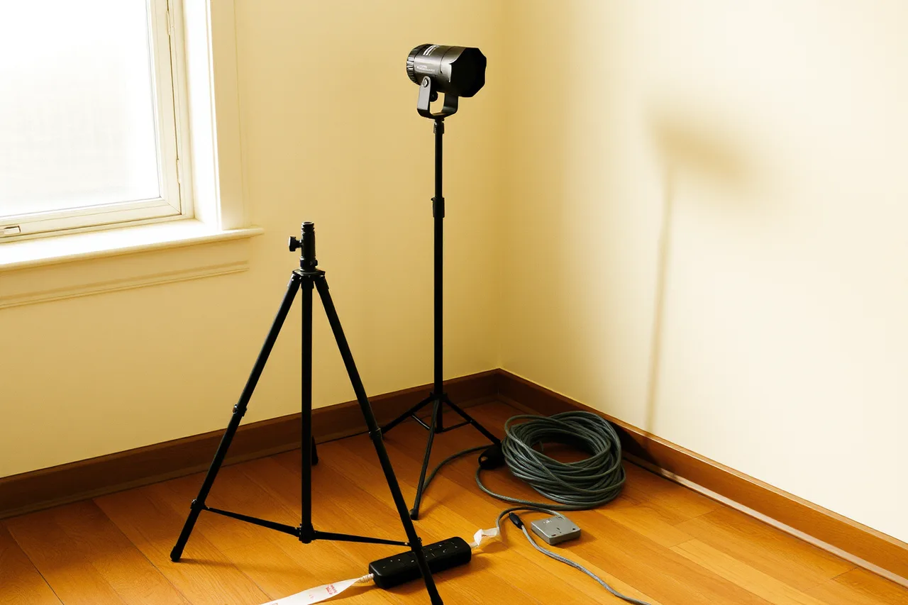 Light stand and power strip placed clear of a studio fire route (A photographer's creative retreat kit: power, permissions and expenses)