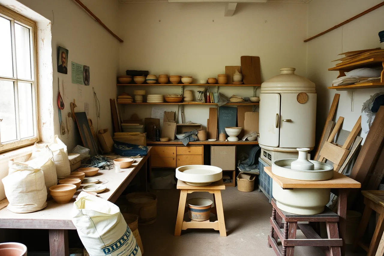 Pottery studio workspace as found, with clay bags, tools, and wheel (Documenting a creative stay: what makes the case study hold up)