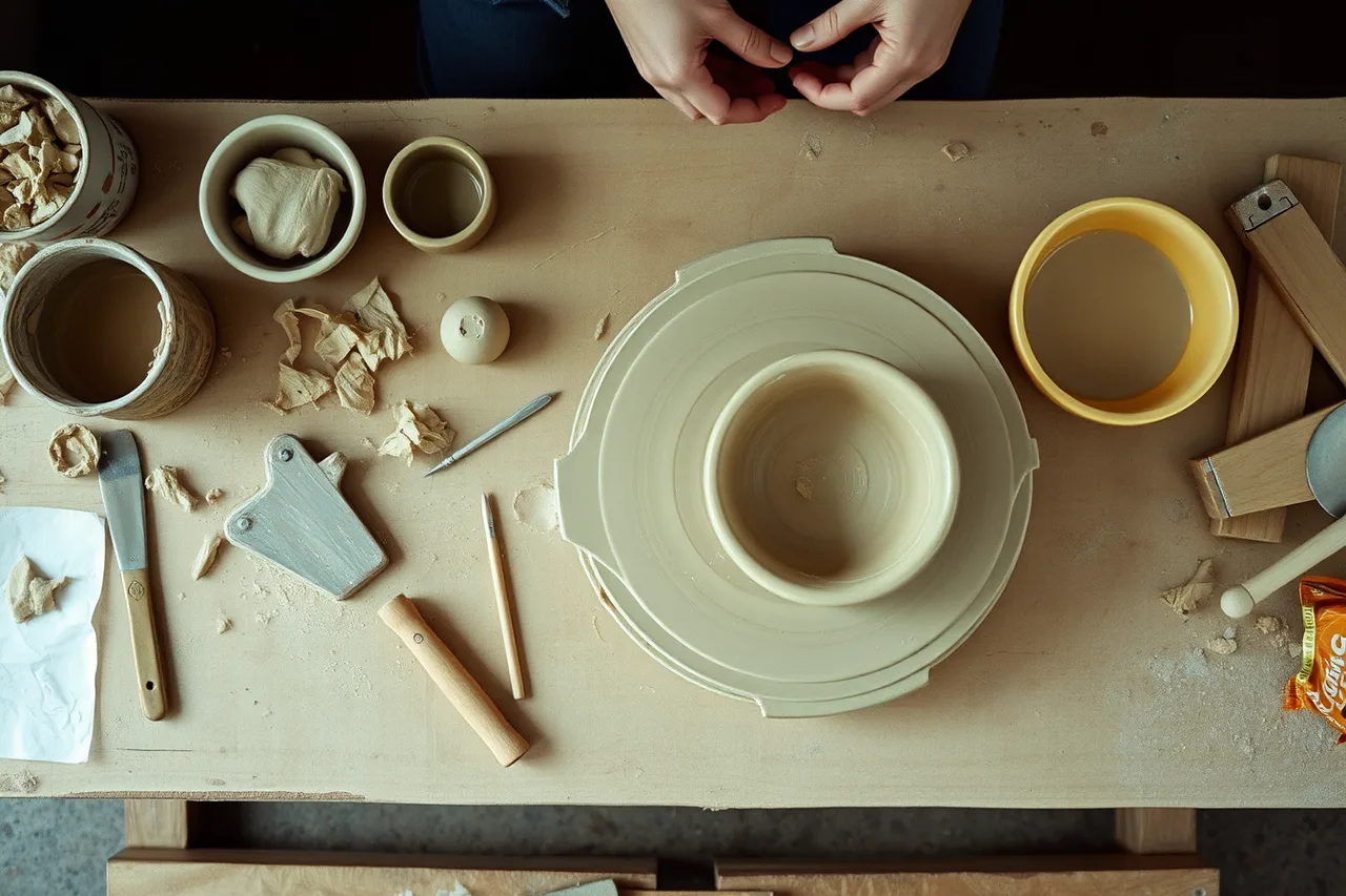 Mid-project pottery bench with wet clay, tools, and half-thrown bowl (Documenting a creative stay: what makes the case study hold up)