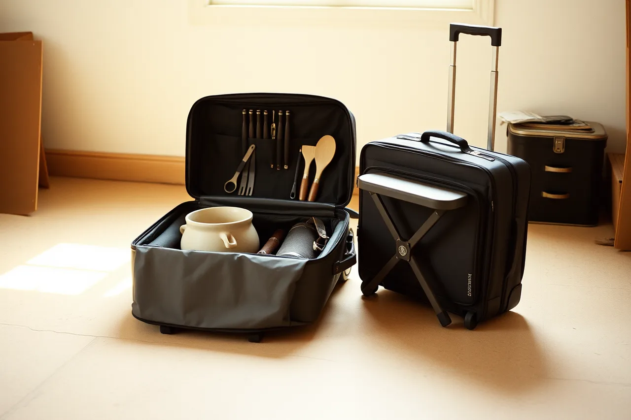 Two light wheeled bags packed with workshop tools and a folding stool (How to choose workshop supplies that reduce barriers)