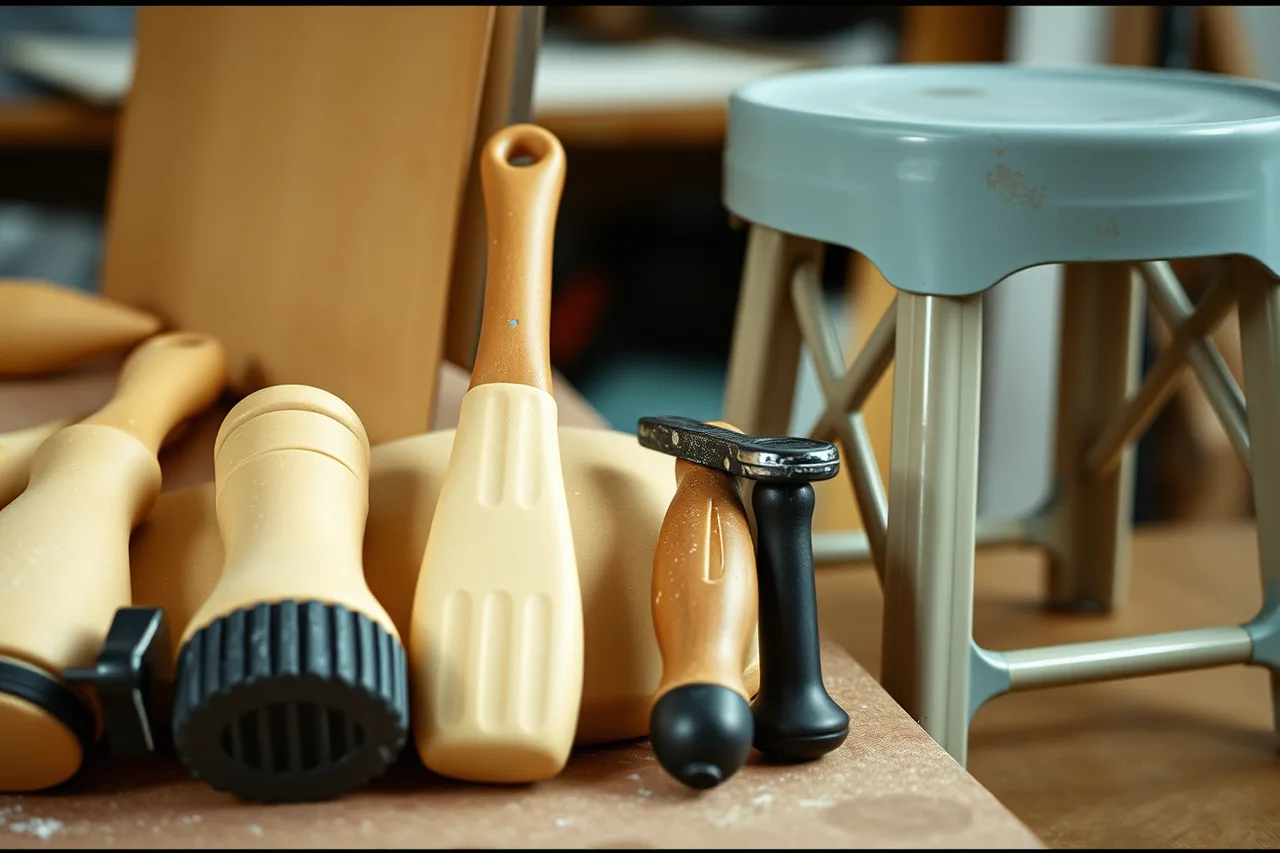 Clay tools with thick padded grips beside a clamp and folding stool (How to choose workshop supplies that reduce barriers)