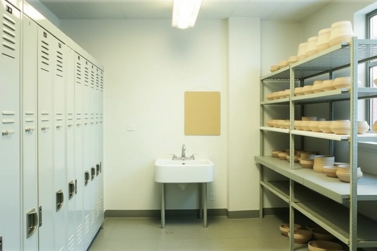 Pottery studio workspace with lockers, sink, and drying shelves (First visit to an art workshop destination: culture, level and money)