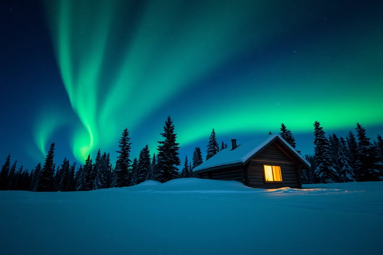 Green aurora over a snow-covered Yukon cabin at night (How winter, wildfire season, and daylight shape Canadian retreat dates)