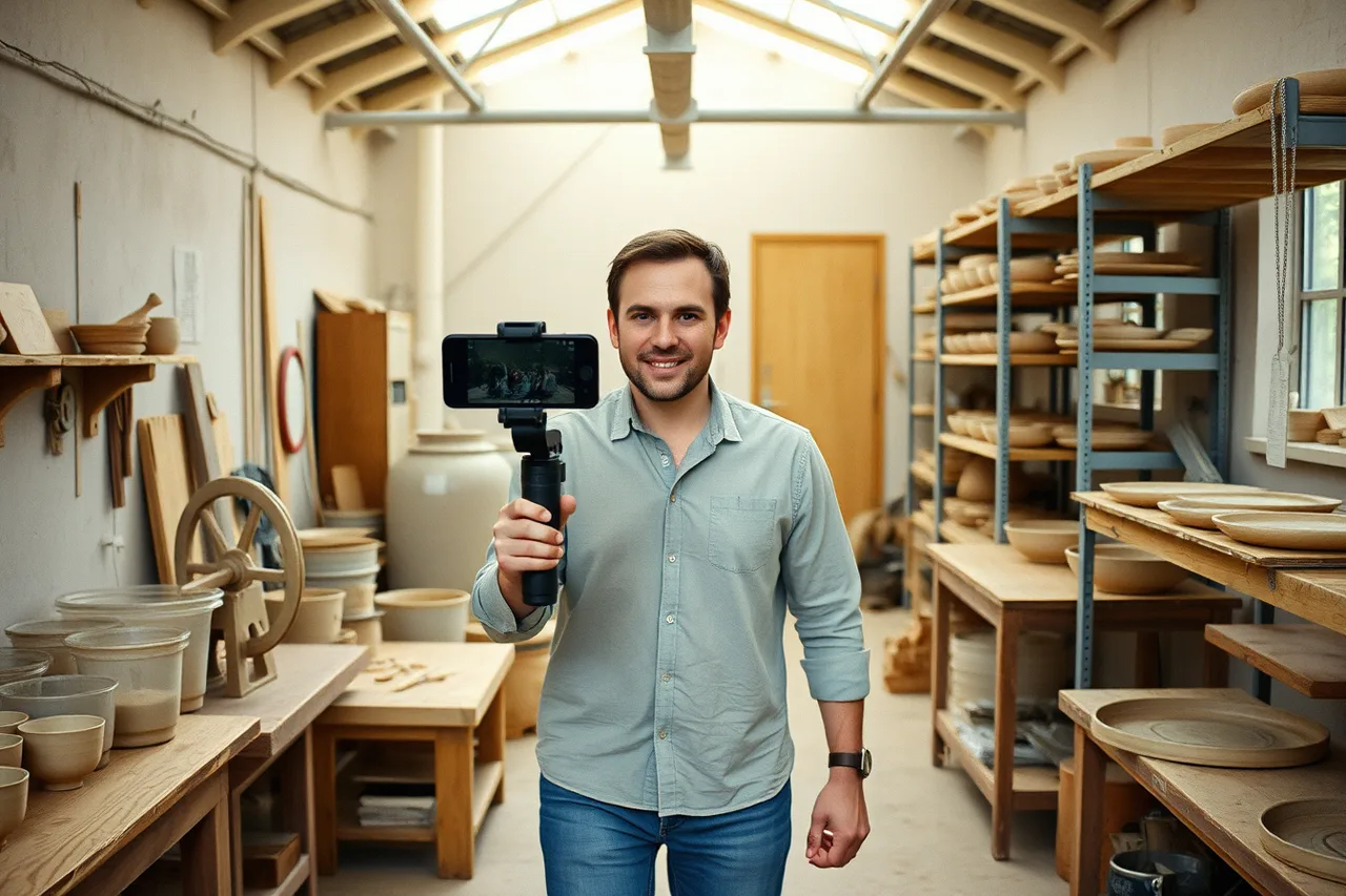 Host walking through a pottery studio on a live video call (Fixes worth trying: the creative retreat problems that keep repeating)