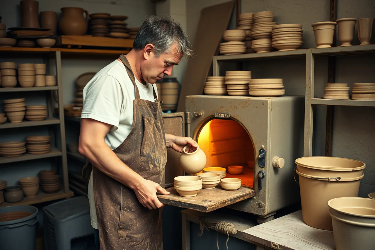 Potter loading clay pieces into a small studio kiln (Real support for a creative retreat: what cafes and lodging owners give)