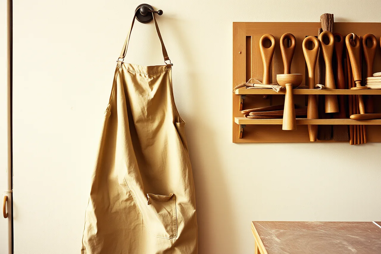 Worn canvas apron hanging on a pottery studio wall (A pottery retreat packing list built around clay, glaze and kiln schedules)