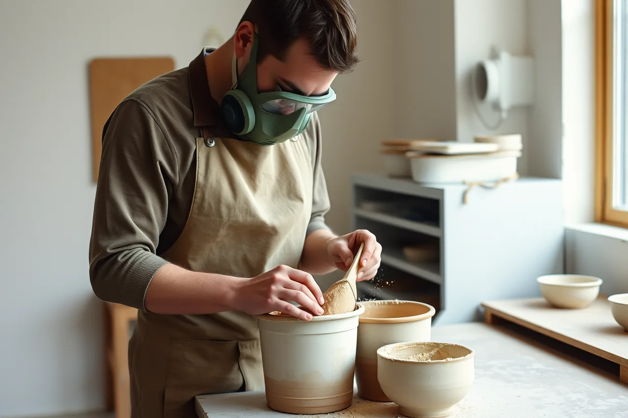 Potter in a fitted respirator mixing dry glaze powder (A pottery retreat packing list built around clay, glaze and kiln schedules)
