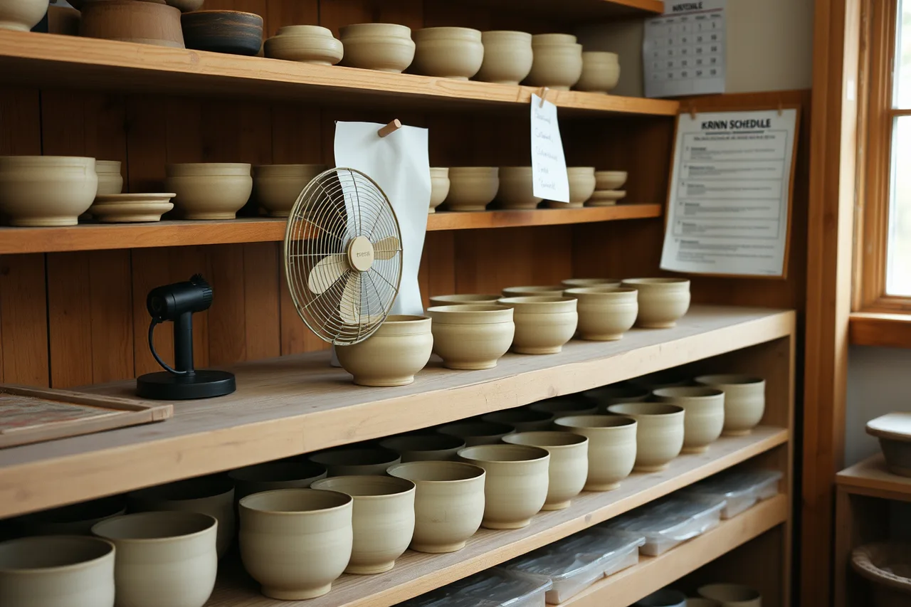 Greenware pots drying on a studio shelf (4 pottery retreats in Saskatoon and Halifax with named studios and prices)