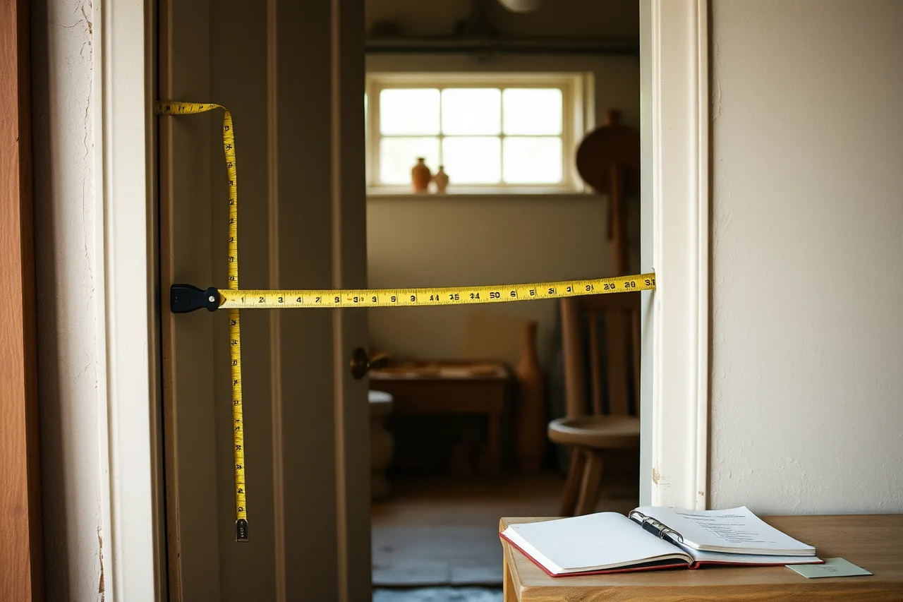 Tape measure stretched across a studio doorway during a site measurement (Packing for a site visit to a retreat center operator's property)
